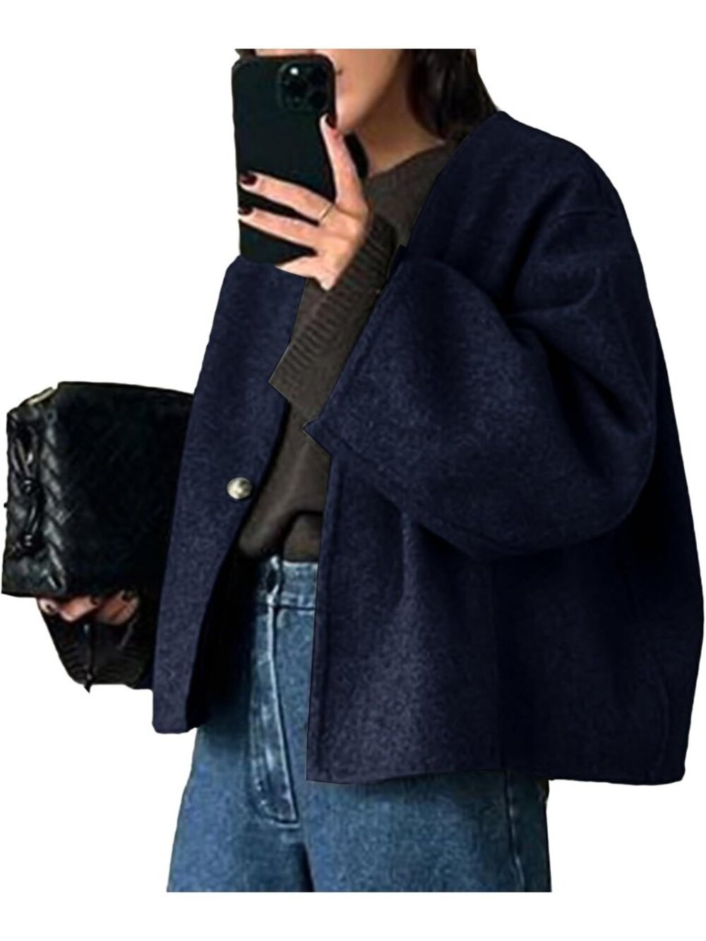 Women's Navy Wool Blend Cropped Collarless Long Sleeve Short Fall Pea Overcoat